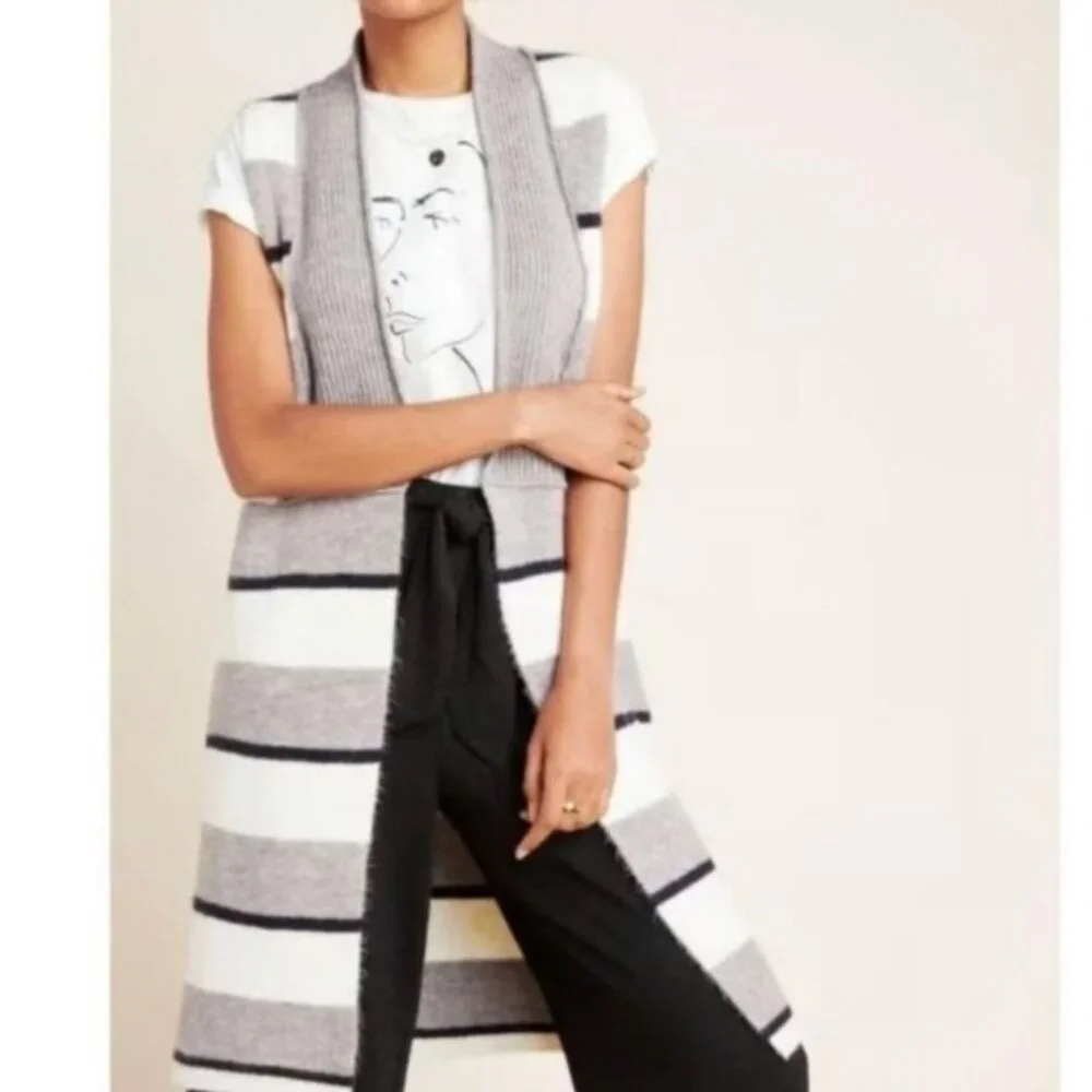 Anthropologie Cardigan M Cream Gray Pencey Longline Striped Boho Southwest Vest